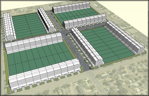 3D rendering of four residential building clusters arranged around a central crossing, patterned after the PLOT