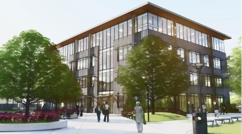Architectural rendering of a bureau office building with glass facade, landscaping, and pedestrian plaza