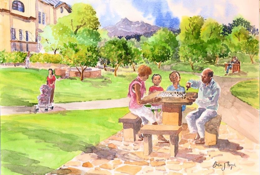 Watercolor illustration of a family playing a board game in a green park, with mountains and community buildings in the background