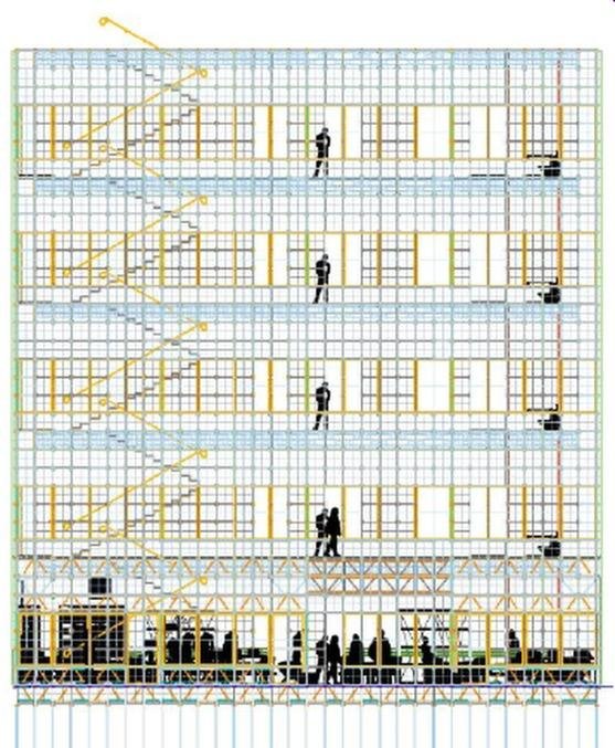 Technical elevation drawing of a five-story apartment building with staircases and commercial ground floor