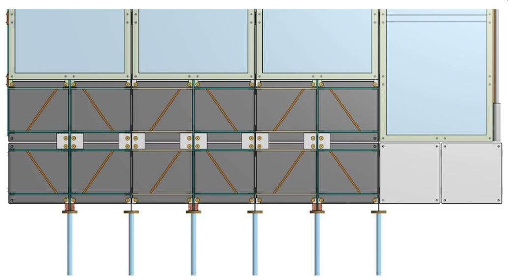 Technical diagram of window and door panel connections on the pile-grid foundation, showing 2-foot by 2-foot tile modules